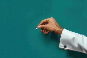 Hand holding a pen poised to write on a green chalkboard in a classroom setting photo