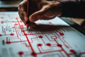 Hand drawing a complex diagram with red lines on paper in a cozy workspace setting photo