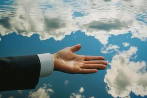 Hand reaching out over a reflective water surface, showcasing clouds and sky above photo