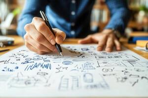 Person sketching creative ideas on paper with diagrams and notes in a cozy workspace photo