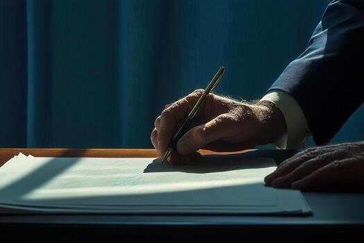 Hand of a businessman signing important documents in a dimly lit office with curtains photo