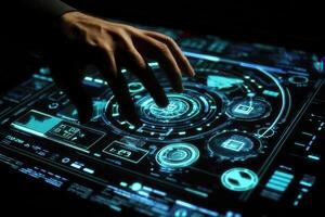 Futuristic hand interacting with a holographic interface displaying data and graphics photo