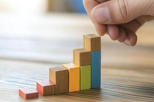 Hand placing colorful wooden blocks in an ascending pattern on a wooden table photo