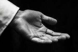 extendido mano en negro y blanco, simbolizando generosidad y apoyo en contra un oscuro fondo foto