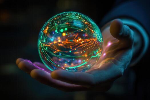 Glowing sphere of colorful lights held in a hand, symbolizing technology and innovation photo