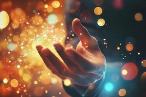 Hand reaching out to magical sparks against a vibrant, blurred background of colors photo