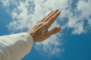 Hand reaching towards a bright blue sky with fluffy clouds, symbolizing hope and freedom photo