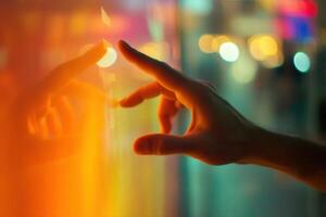 Hand reaching towards a vibrant, illuminated glass surface in a bustling city at night photo