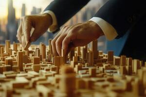 Hands assembling a detailed architectural model of a cityscape at sunset photo