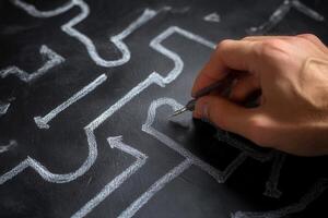 Hand drawing intricate maze patterns with chalk on a blackboard, showcasing creativity photo