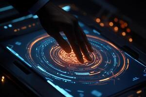 Futuristic hand interacting with a glowing digital interface in a dark tech environment photo