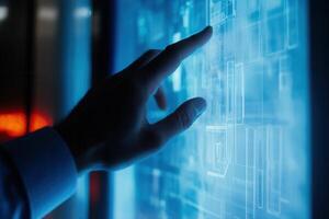 Hand Interacting with a Futuristic Touchscreen Interface in a High-Tech Environment photo