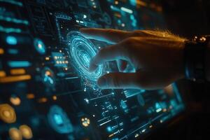 Futuristic hand interacting with a glowing digital interface showcasing advanced technology photo