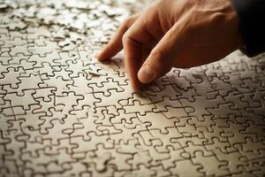 Hand placing a puzzle piece on a wooden table, with scattered pieces in the background photo