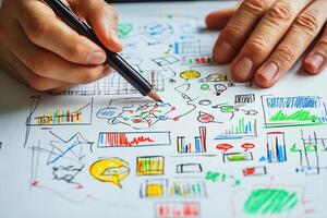 Hands sketching colorful graphs and charts on paper, illustrating data analysis and brainstorming photo