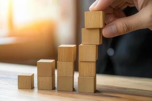 Hand stacking wooden blocks to create a growing graph on a table with soft sunlight photo
