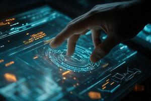 Futuristic hand interacting with a holographic interface displaying complex data and visuals photo