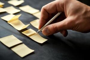 Hand writing on sticky notes arranged on a dark surface, brainstorming ideas for a project photo
