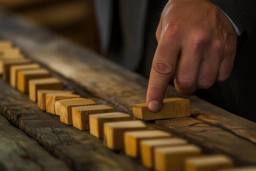 Hand pushing a wooden block in a line of dominoes on a rustic wooden table photo
