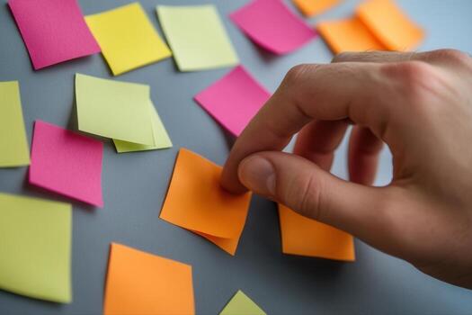 Hand selecting an orange sticky note among colorful notes on a gray surface photo