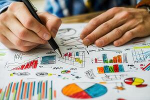 Hands sketching colorful graphs and charts on paper while analyzing data in a workspace photo