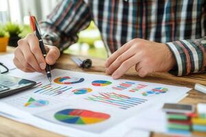 Person analyzing colorful charts and graphs while working at a wooden desk in a bright office photo