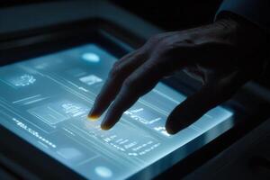 Futuristic hand interacting with a digital touchscreen interface in a dimly lit environment photo