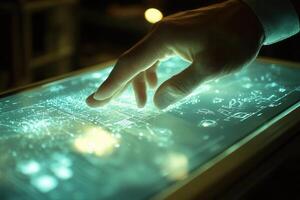 Futuristic hand interacting with a glowing touchscreen interface displaying digital data photo