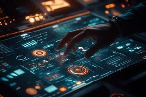 Futuristic hand interacting with a high-tech touchscreen interface in a dark environment photo