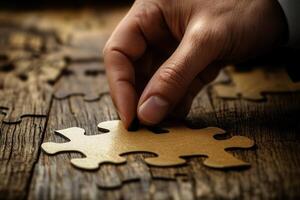 Hand placing a puzzle piece on a rustic wooden table, showcasing focus and concentration photo