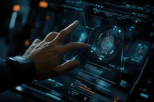 Futuristic interface interaction with a hand navigating data on a high-tech display photo