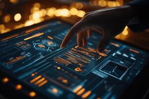 Futuristic touchscreen interface with a hand interacting, illuminated background with bokeh photo