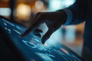 Person interacting with a touchscreen interface displaying data analytics in a modern setting photo