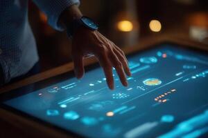 Person interacting with a futuristic touchscreen interface displaying data and analytics photo