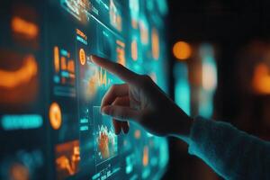 Person interacting with a digital interface displaying data visualizations in a modern setting photo