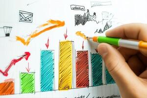 Hand drawing colorful graphs and charts on a notepad, illustrating business growth trends photo