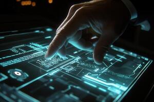 Futuristic hand interacting with a digital interface displaying complex data in a dark room photo