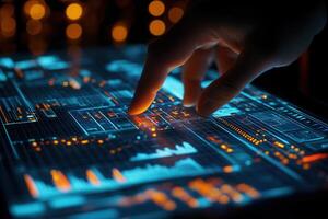 Futuristic hand interacting with a glowing touchscreen displaying data analytics at night photo
