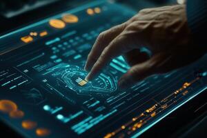 Futuristic hand interacting with a digital touchscreen interface displaying data analytics photo
