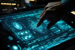 Futuristic touchscreen interface with a hand interacting, showcasing advanced technology photo