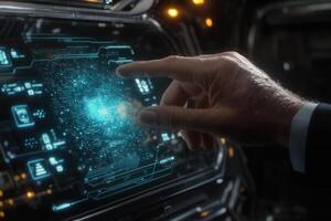 Futuristic hand interacting with a holographic display in a high-tech spacecraft cockpit photo