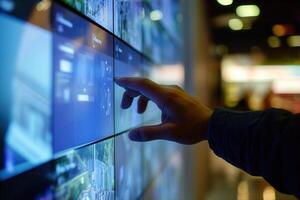 Person interacting with a digital display in a modern environment, showcasing technology use photo