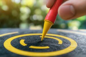 Hand holding a yellow marker poised above a target symbol on a textured surface outdoors photo