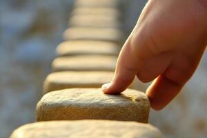 Hand gently touching stone surface along a path, with blurred background of nature photo