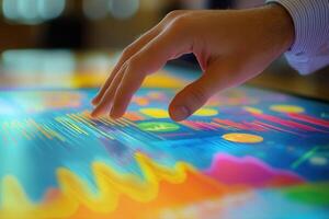 Hand interacting with a colorful digital display showcasing data visualizations in a modern setting photo