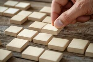 Hand placing a wooden block on a rustic table among other scattered blocks, showcasing focus photo