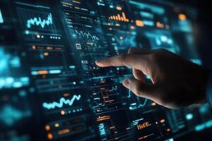 Futuristic interface with data analytics being interacted with by a hand, showcasing technology photo