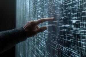 Human hand interacting with a digital interface displaying abstract data patterns in a dark room photo