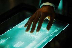 Futuristic hand interacting with a holographic display in a tech-savvy environment photo