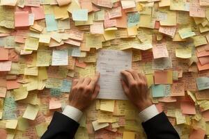 Hands holding a notepad surrounded by colorful sticky notes on a wall, showcasing ideas photo